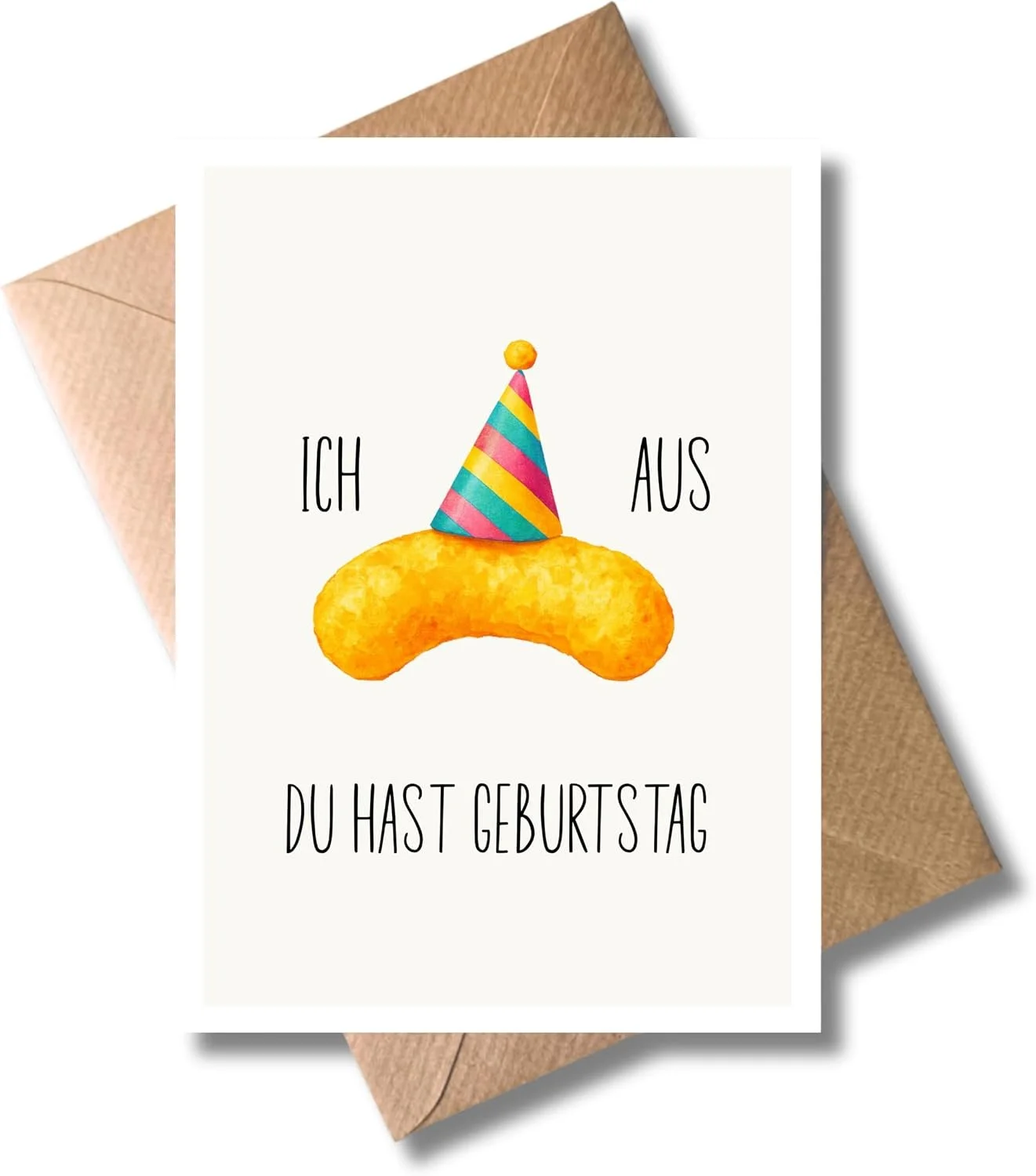 Weiße Geburtstagskarte mit der Illustration eines Erdnussflips mit Partyhut und dem Text Ich flipp aus du hast Geburtstag auf einem braunen Umschlag