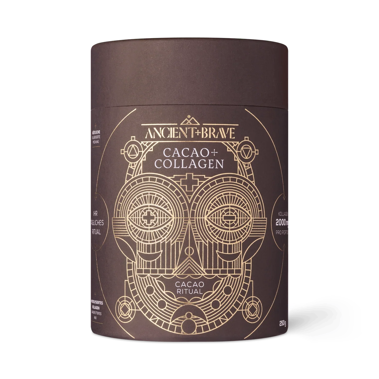 Dunkelbraune Dose des "CACAO+ COLLAGEN" Pulvers (250 g) von der Marke Ancient + Brave, auffällig verziert mit einem markanten, goldenen Linien-Design in Form einer stilisierten Maske.
