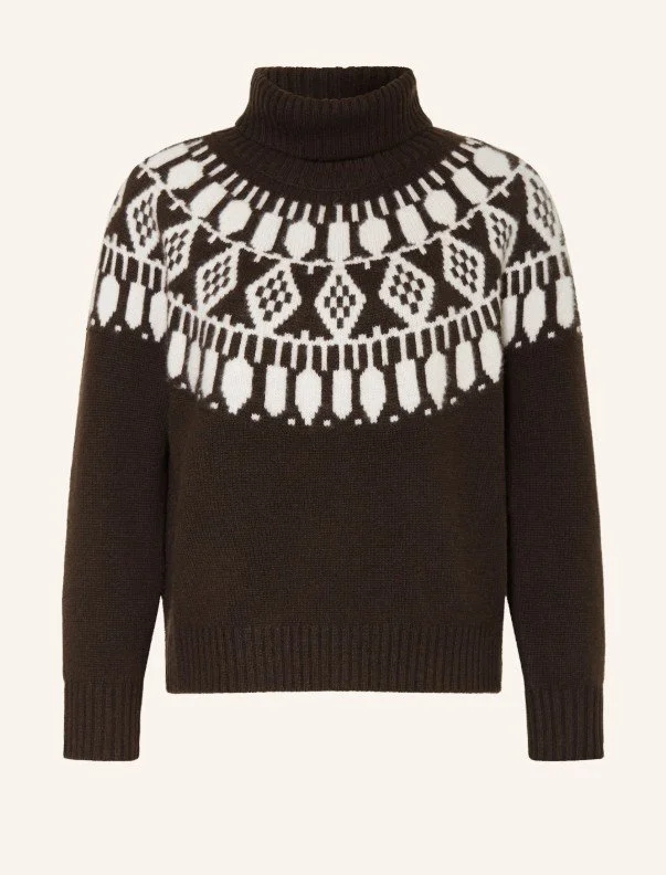 Kuscheliger Mercer-Strickpullover in Dunkelbraun mit weißem Fair-Isle-Muster an den Schultern. Rollkragen, ideal für gemütliche Après‑Ski- und Winteroutfits.
