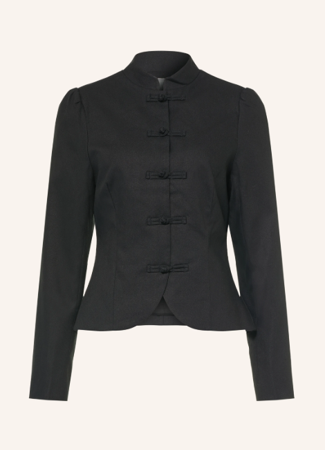 Taillierte schwarze Militärjacke mit Stoffknopf-Verschlüssen, Stehkragen und leicht gepufften Schultern