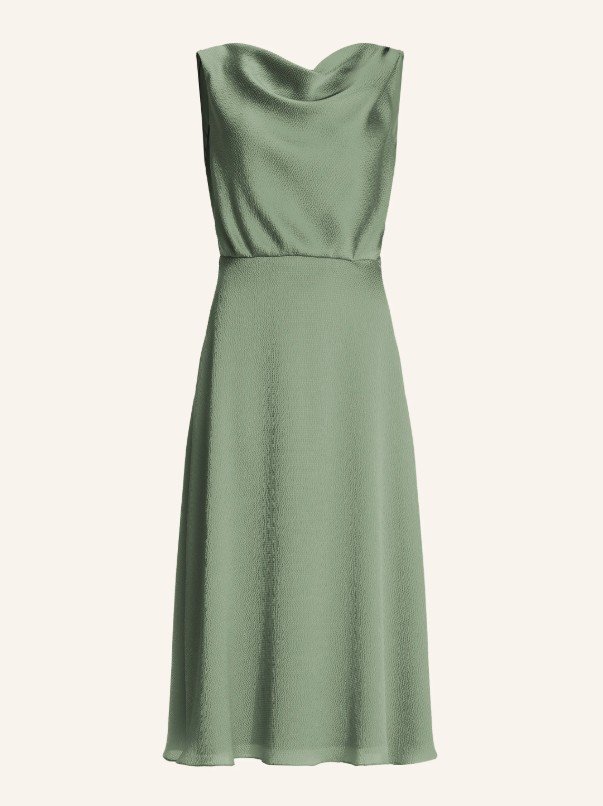 Midi-Kleid in mattem Salbeigrün mit Wasserfall-Ausschnitt, ärmellos und schlicht - Elegantes Hochzeitsgast Outfit 2026