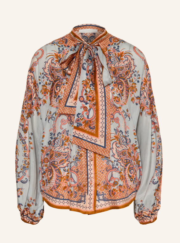 Hellblaue Schluppenbluse mit Ballonärmeln und orange-blauem Paisleymuster