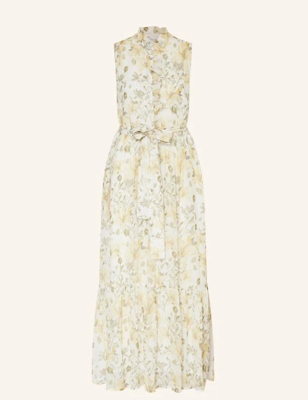 Ärmelloses Maxikleid mit Blumenmuster in Gelb und Weiß mit Bindegürtel und Rüschenkragen - Sommerlicher Hochzeitsgast Trend 2026