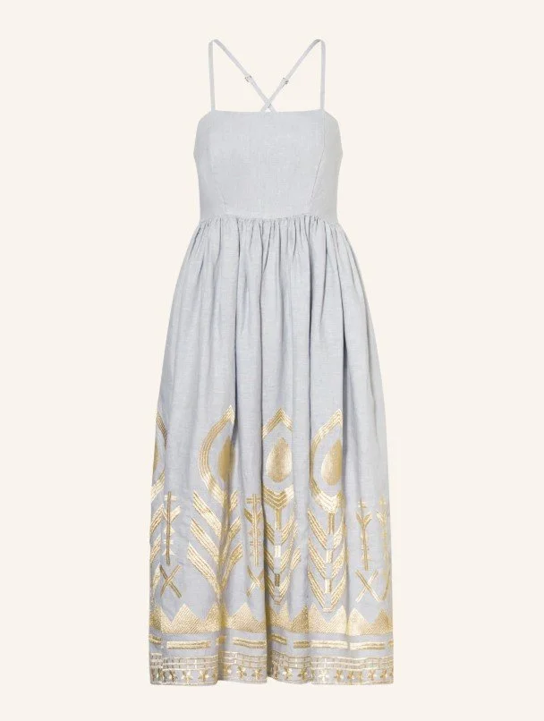 Leinen-Midi-Kleid in hellem Eisblau mit goldener Stickerei und Spaghettiträgern - Edles Sommerkleid für Hochzeitsgäste 2026