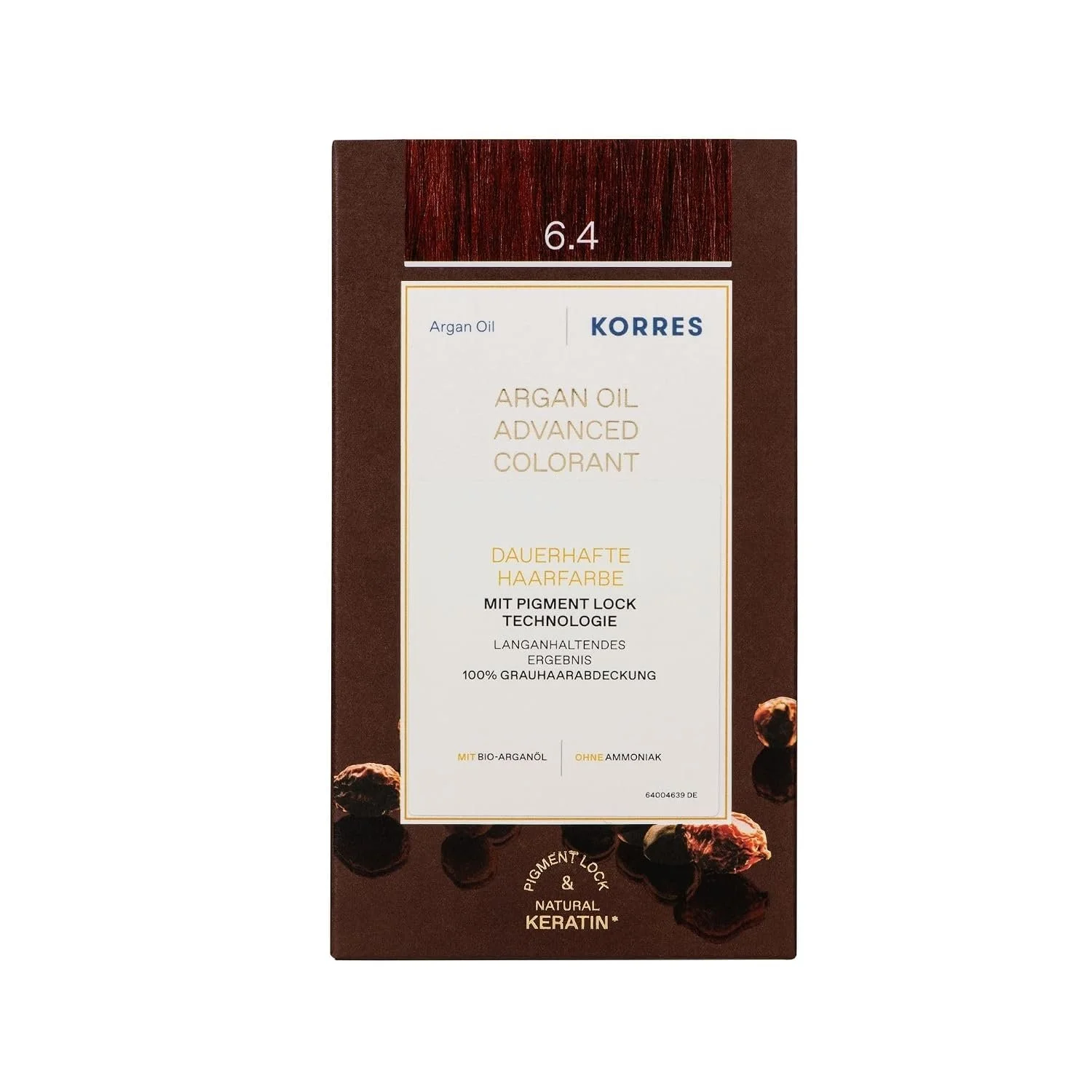Braune Verpackung von Korres Argan Oil Advanced Colorant, Farbton 6.4, mit Haarfarbstreifen in Kupferrot und Hinweis auf 100 % Grauhaarabdeckung.