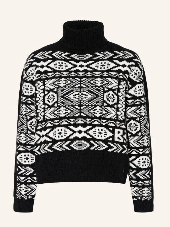 Klassischer Bogner Strickpullover in Schwarz-Weiß mit markantem Norweger-Muster und hohem Rollkragen. Der hochwertige Skipullover mit eingestricktem Logo-Detail ist ein zeitloses Key-Piece für stilvolle Après-Ski Looks und Retro Ski Outfits.