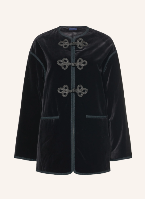Dunkelgrüne Samtjacke im Uniformstil mit verzierten Schnurverschlüssen, Rundhalsausschnitt und aufgesetzten Taschen