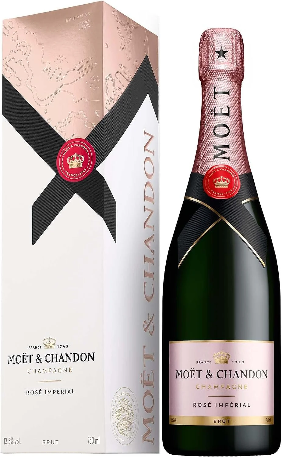 Flasche Moët & Chandon Rosé Impérial Champagner mit rosa Folie und Etikett. Daneben die weiße Geschenkbox mit rosa Akzenten und aufgedrucktem schwarzem Band.