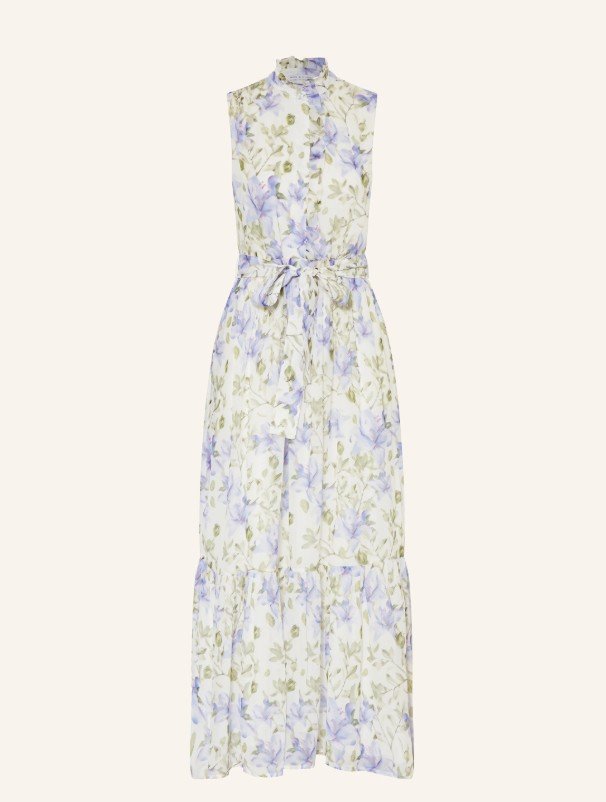 Ärmelloses Maxikleid mit Blumenmuster in Flieder und Weiß mit Bindegürtel - Romantischer Sommer-Trend für Hochzeitsgäste 2026