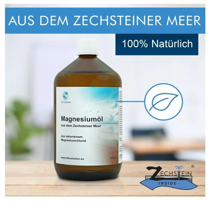 Braune Flasche Magnesiumöl von Life Solution mit Etikett „aus dem Zechsteiner Meer“ – 100 % natürlich, aus naturreinem Magnesiumchlorid, mit blauem Blatt-Symbol und „Zechstein Inside“-Logo.
