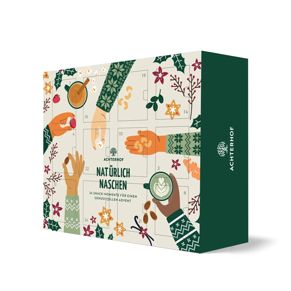 Ein Snack-Adventskalender der Marke Achterhof mit dem Titel „Natürlich Naschen“. Das Design zeigt illustrierte Hände in Winterpullovern, die verschiedene Leckereien wie Nüsse, Beeren und Heißgetränke umgeben von weihnachtlichen Motiven halten.