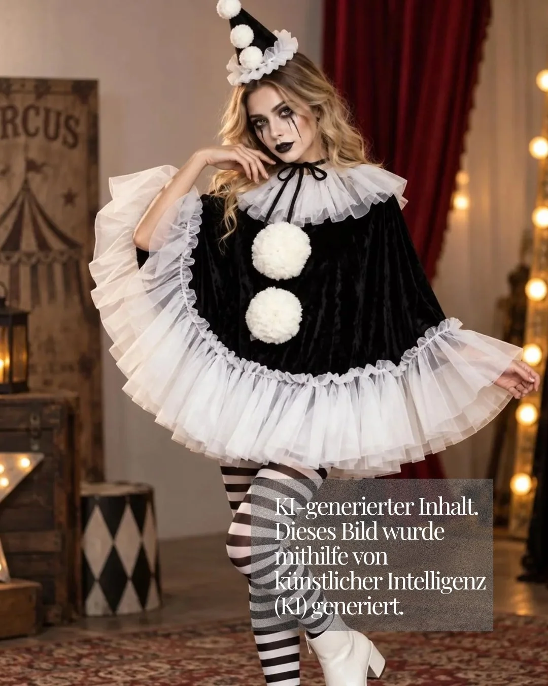 KI-generiertes Bild einer Frau in einem schwarz-weißen Clown-Kostüm mit Tüllrüschen, Pompons und gestreifter Strumpfhose. Ein eingeblendeter Text weist auf die KI-Erstellung hin.