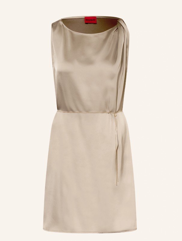 Kurzes Satinkleid in Champagner-Beige, ärmellos mit minimalistischem Schnitt - Modernes Hochzeitsgast Outfit