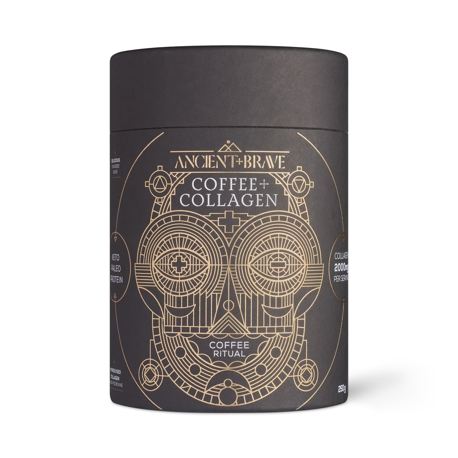 Schwarze Dose des "COFFEE+ COLLAGEN" Pulvers (250 g) von der Marke Ancient + Brave, auffällig verziert mit einem markanten, goldenen Linien-Design in Form einer stilisierten Maske.