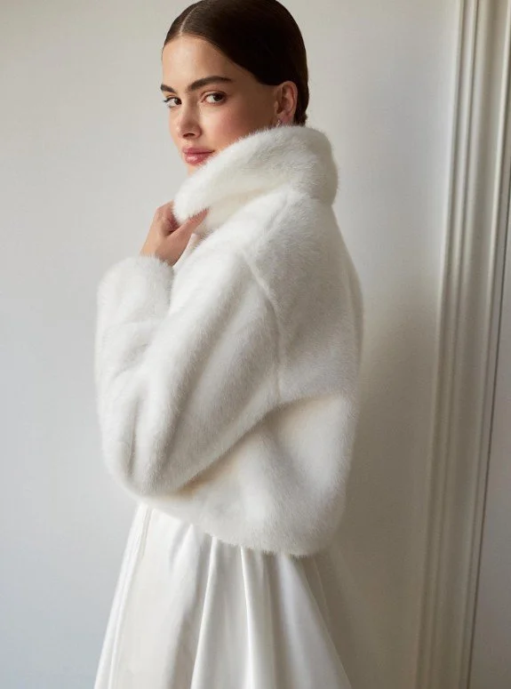 Braut in einem eleganten, weißen Kunstfell-Bolero mit Stehkragen – perfekte Brautjacke für eine Winterhochzeit.