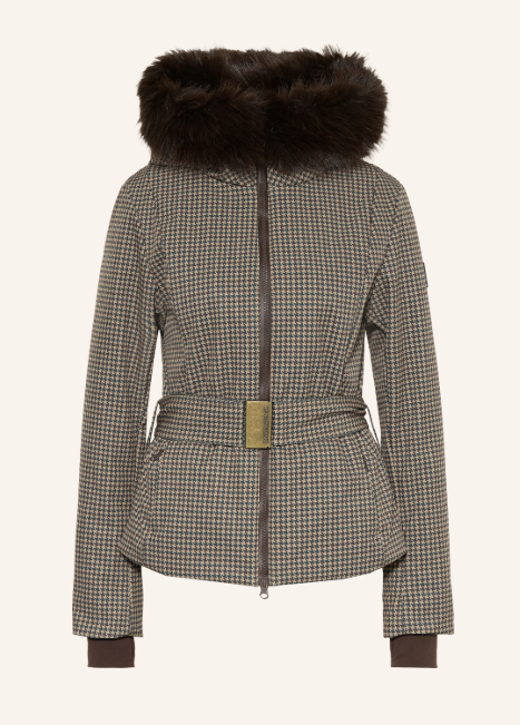 Braun-grau karierte Damen-Winterjacke mit großer Kunstfell-Kapuze und Gürtel mit goldener Schnalle. Sportliche, taillierte Jacke mit durchgehendem Reißverschluss und elastischen Ärmelbündchen.