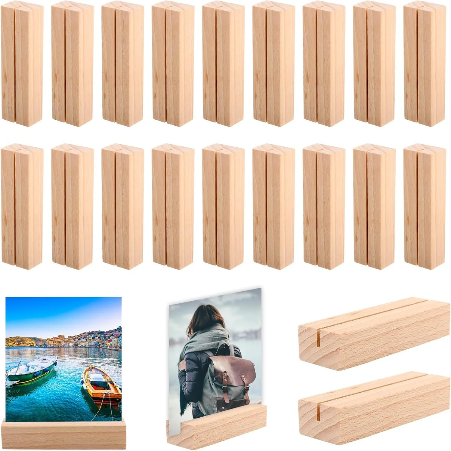 Eine Übersicht verschiedener einfacher Kartenhalter aus hellem Holz in rechteckiger Blockform.