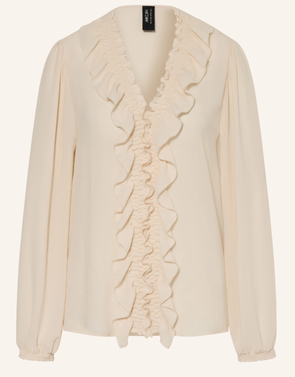 Beige Bluse mit tiefem V-Ausschnitt und durchgehender, gekräuselter Rüschenblende an der vorderen Mitte.