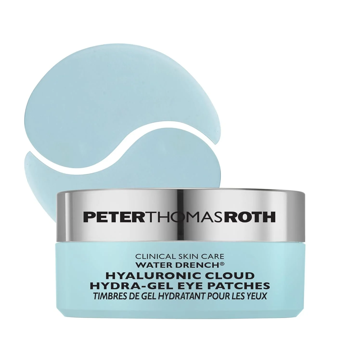 Hellblauer Tiegel der Peter Thomas Roth Water Drench Hyaluronic Cloud Augenpads mit silbernem Deckel. Dahinter sind zwei hellblaue Hydrogel-Pads abgebildet.