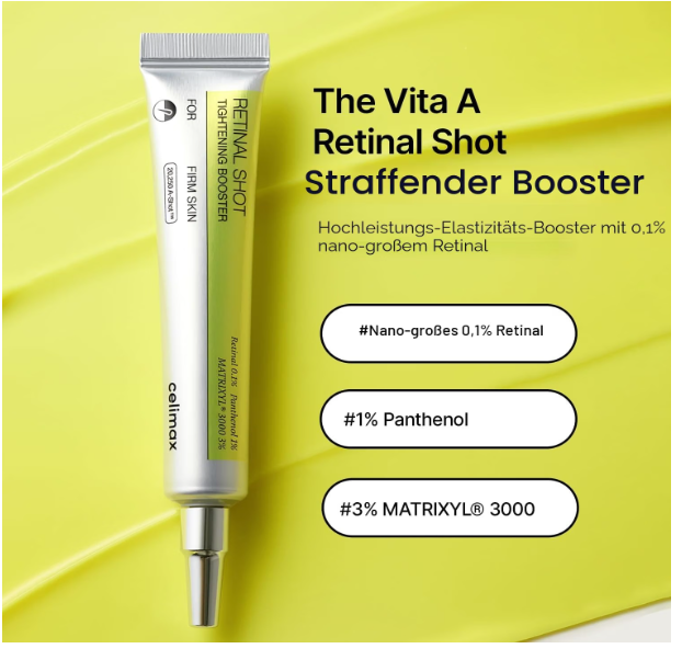 Celimax The Vita A Retinal Shot Straffender Booster in silberner Tube vor gelbem Stoffhintergrund, rechts daneben Produktname und drei Info-Badges: Nano-großes 0,1 % Retinal, 1 % Panthenol, 3 % Matrixyl 3000.