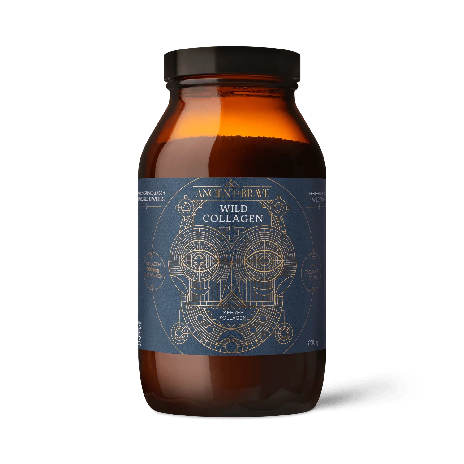 Braunglas-Tiegel mit "Ancient + Brave WILD COLLAGEN" Meereskollagen-Pulver (200g). Blau-goldenes Etikett.