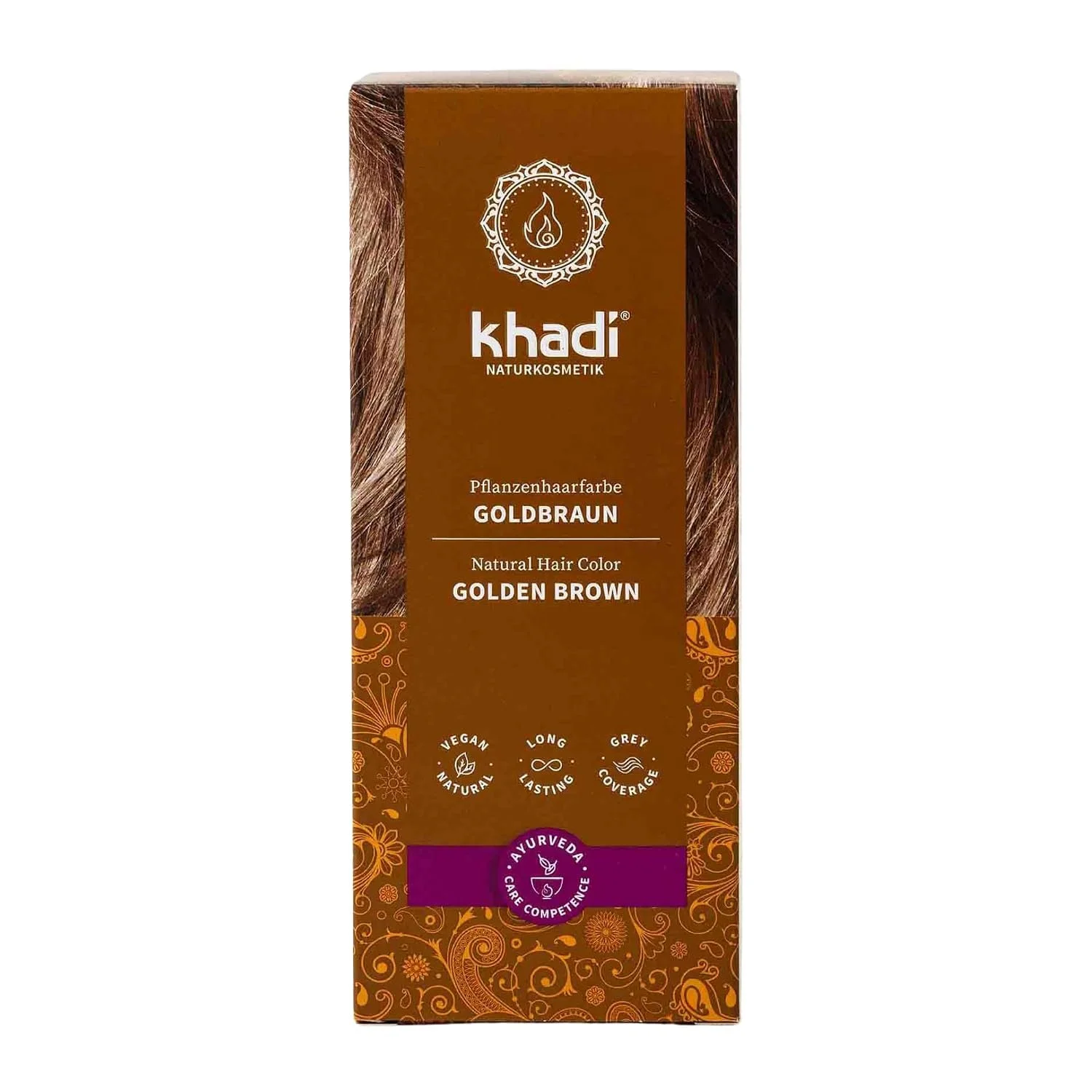 Braun-orangene Verpackung der Khadi Pflanzenhaarfarbe Goldbraun mit indischem Ornamentmuster und Ayurveda-Siegel.