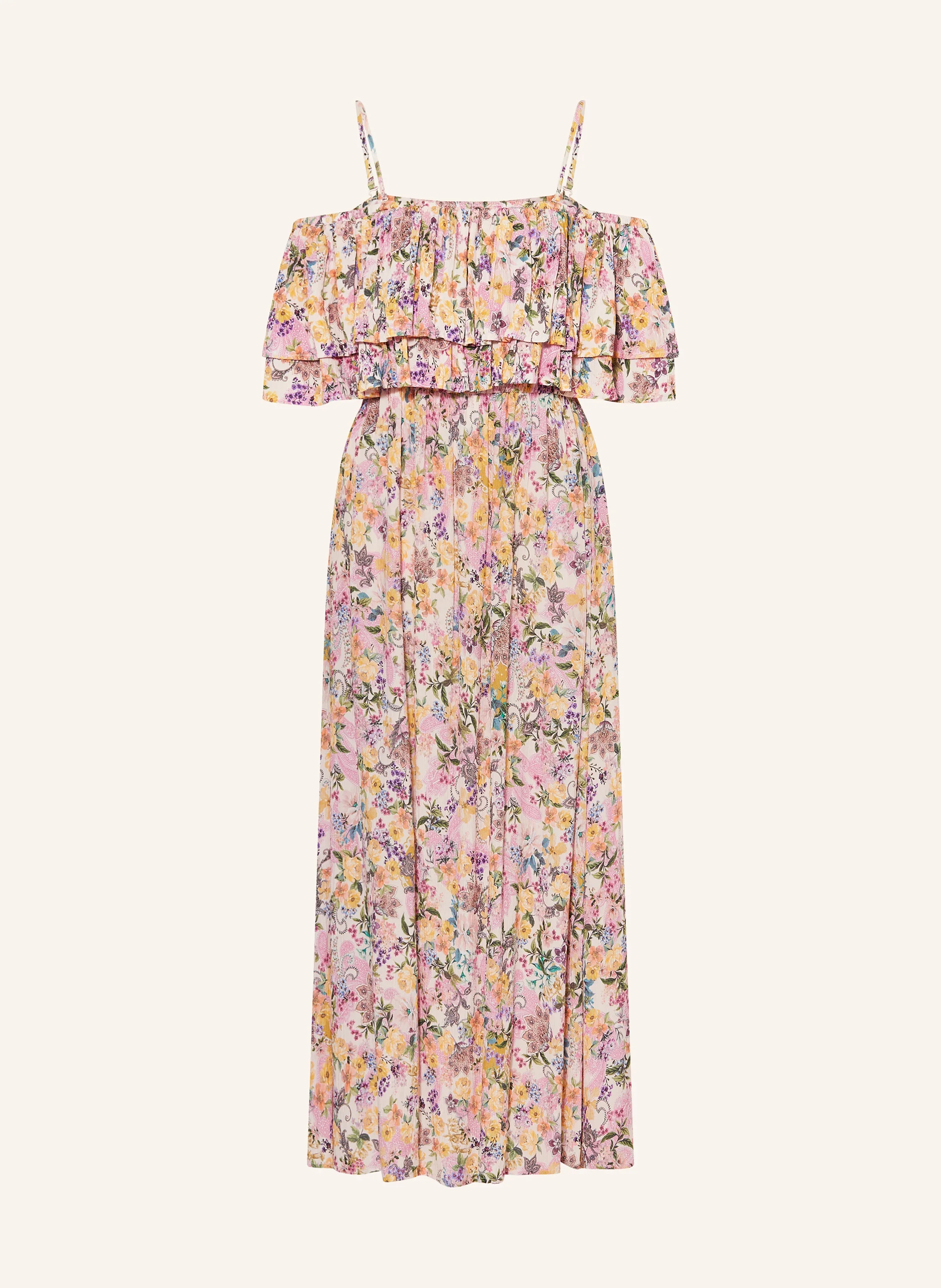 Bodenlanges Off-Shoulder Brautjungfernkleid mit buntem floralem Print und Volant-Ausschnitt. Eine verspielte und zugleich günstige Wahl für Sommerhochzeiten.