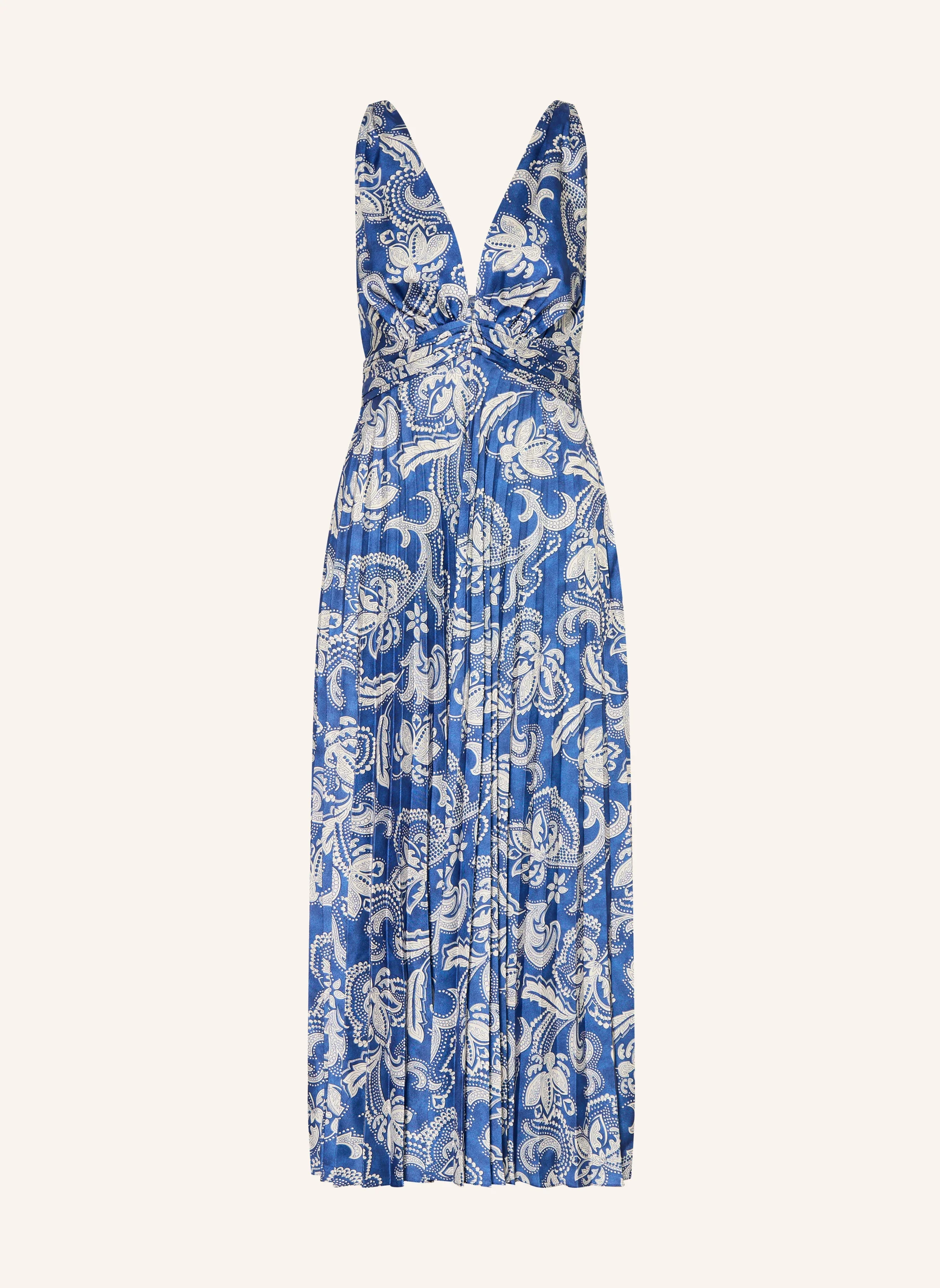 Bodenlanges Brautjungfernkleid in Blau mit Paisley-Muster, tiefem V-Ausschnitt und Plissee-Rock. Eine elegante und zugleich günstige Wahl für festliche Anlässe.