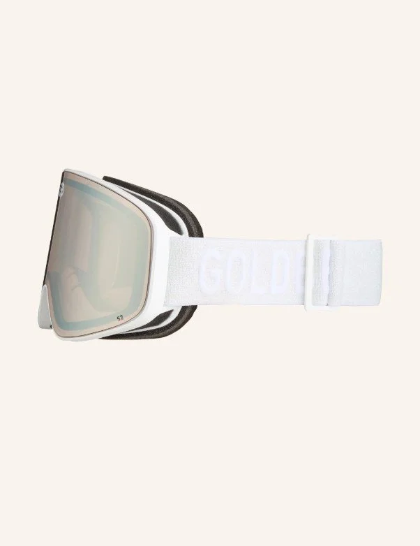 Minimalistische Goldbergh Skibrille in reinem Weiß. Die Goggle besticht durch ihr gold-verspiegeltes Glas und das breite, weiße Band mit tonalem Logo-Schriftzug – ein cleanes High-End Accessoire für perfekt abgestimmte Ski Outfits.
