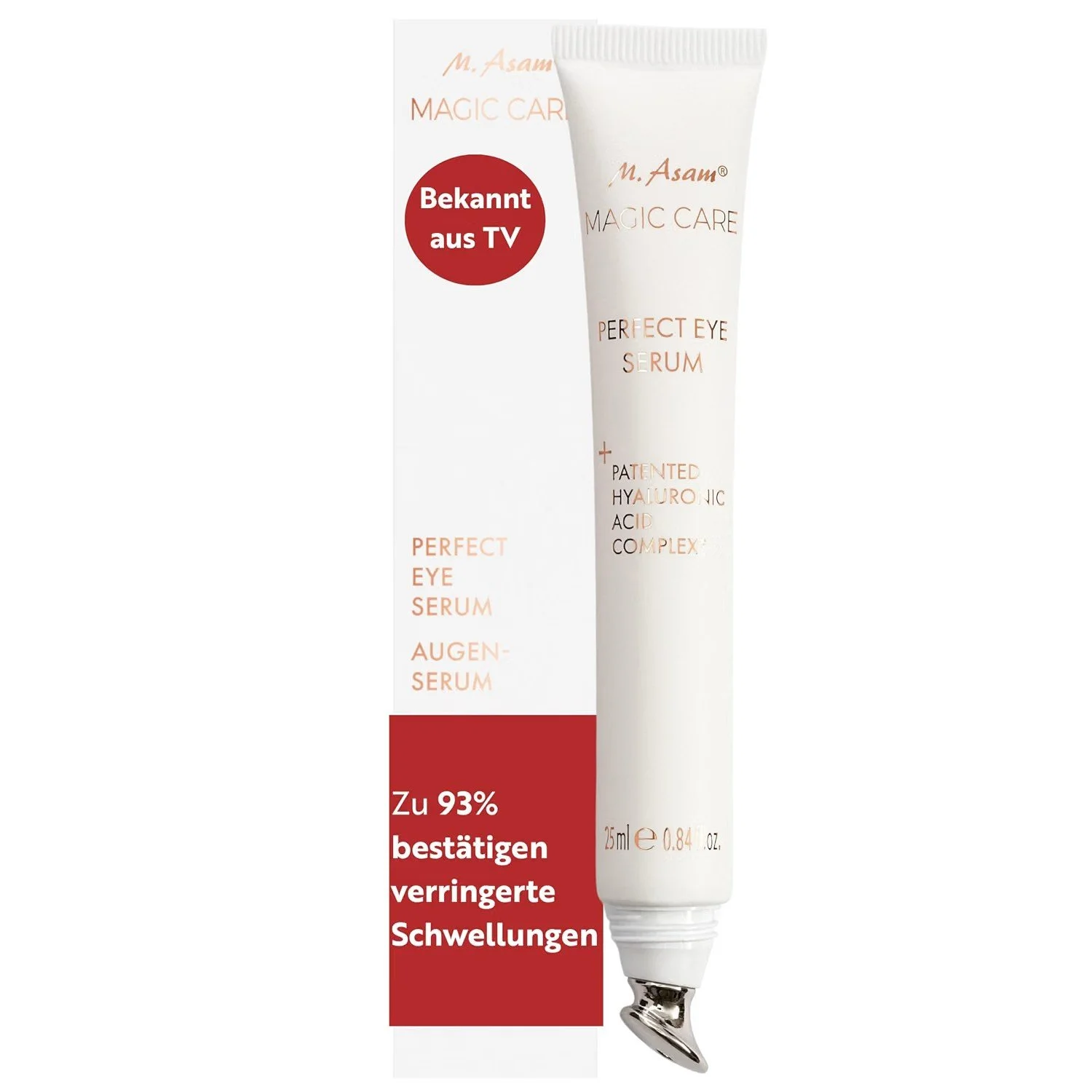 M. Asam Magic Care Perfect Eye Augenserum: weiße Tube mit kühlendem Metall-Applikator neben der Verpackung mit „Zu 93% bestätigen verringerte Schwellungen"-Hinweis