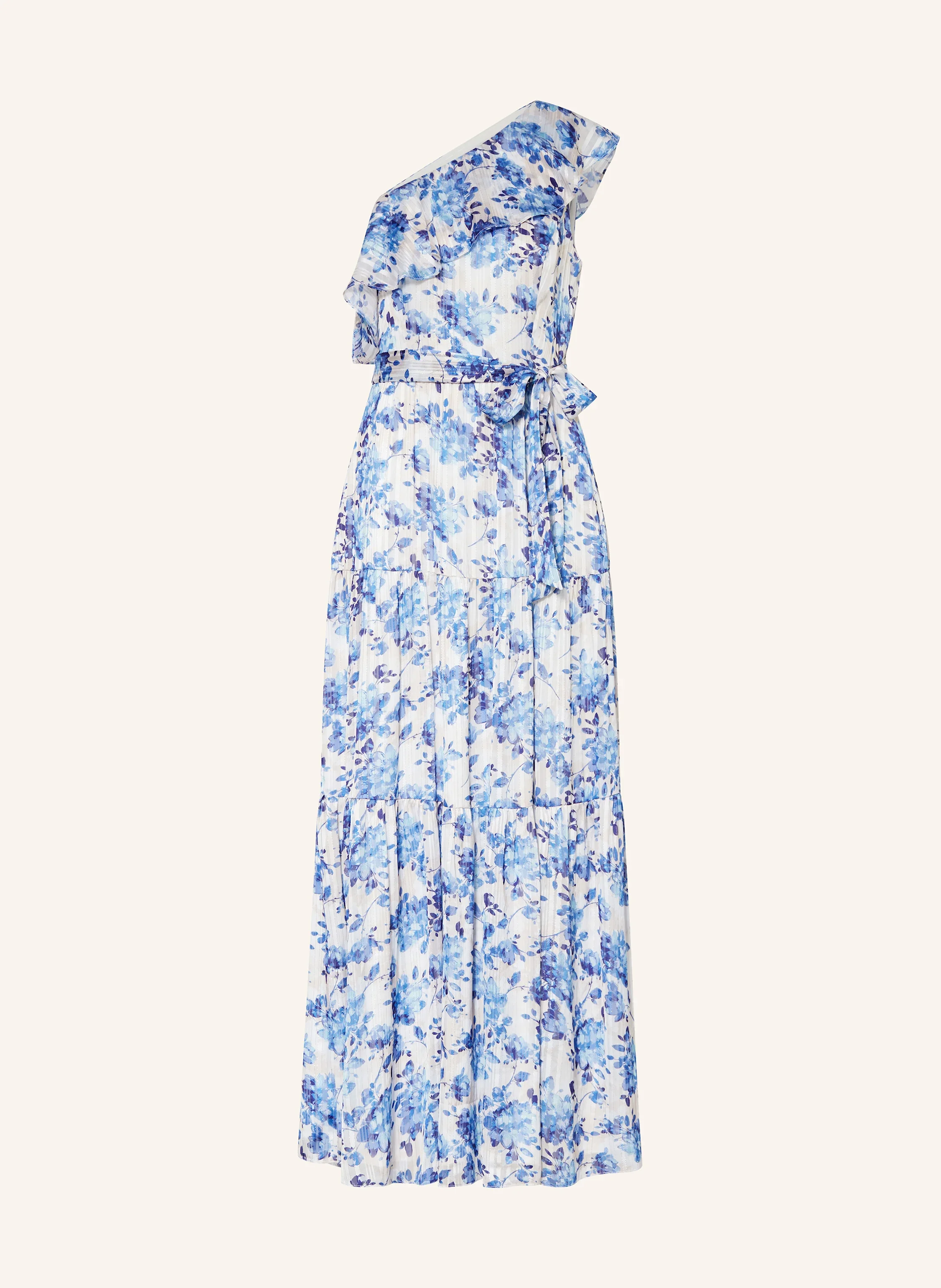 Sommerliches One-Shoulder Brautjungfernkleid mit blauem Blumenmuster und Volants. Eine frische und zugleich günstige Wahl für jede Sommerhochzeit.