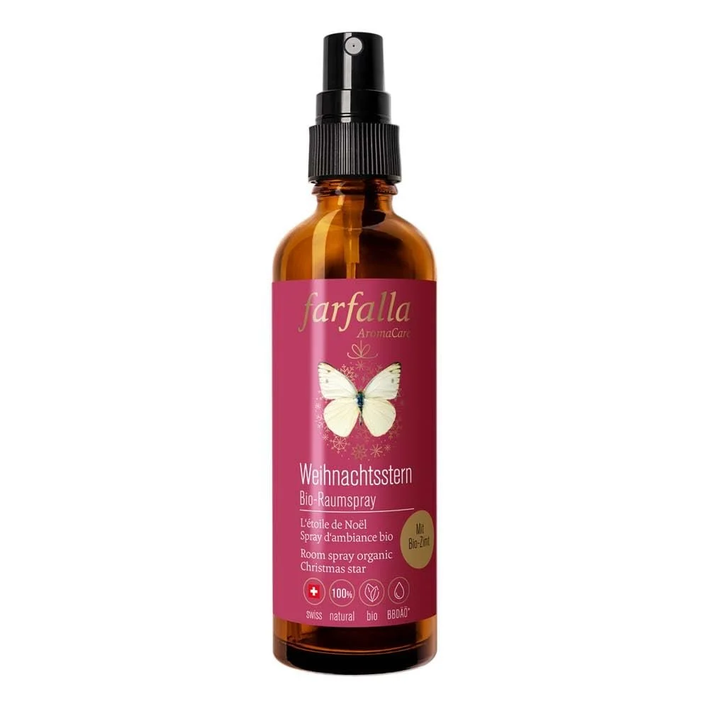 Farfalla Bio-Raumspray "Weihnachtsstern" in brauner Sprühflasche mit dunkelrotem Etikett und weißem Schmetterling.