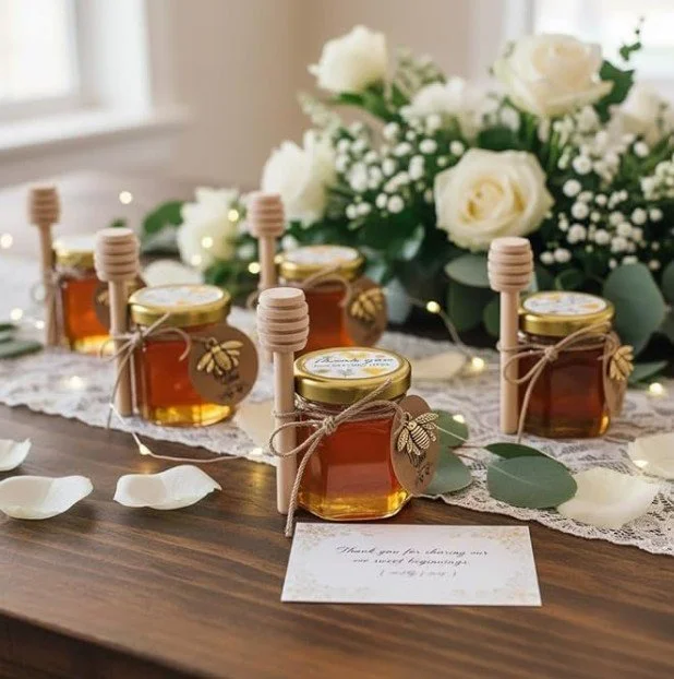 Süße Gastgeschenke: Kleine Honiggläser mit goldenem Deckel und Holzlöffel, rustikal mit Naturband, Bienen-Anhänger und „Thank You“-Aufkleber, auf Tafel mit weißen Blumen und Karte „Thank you for sharing our sweet beginnings“.