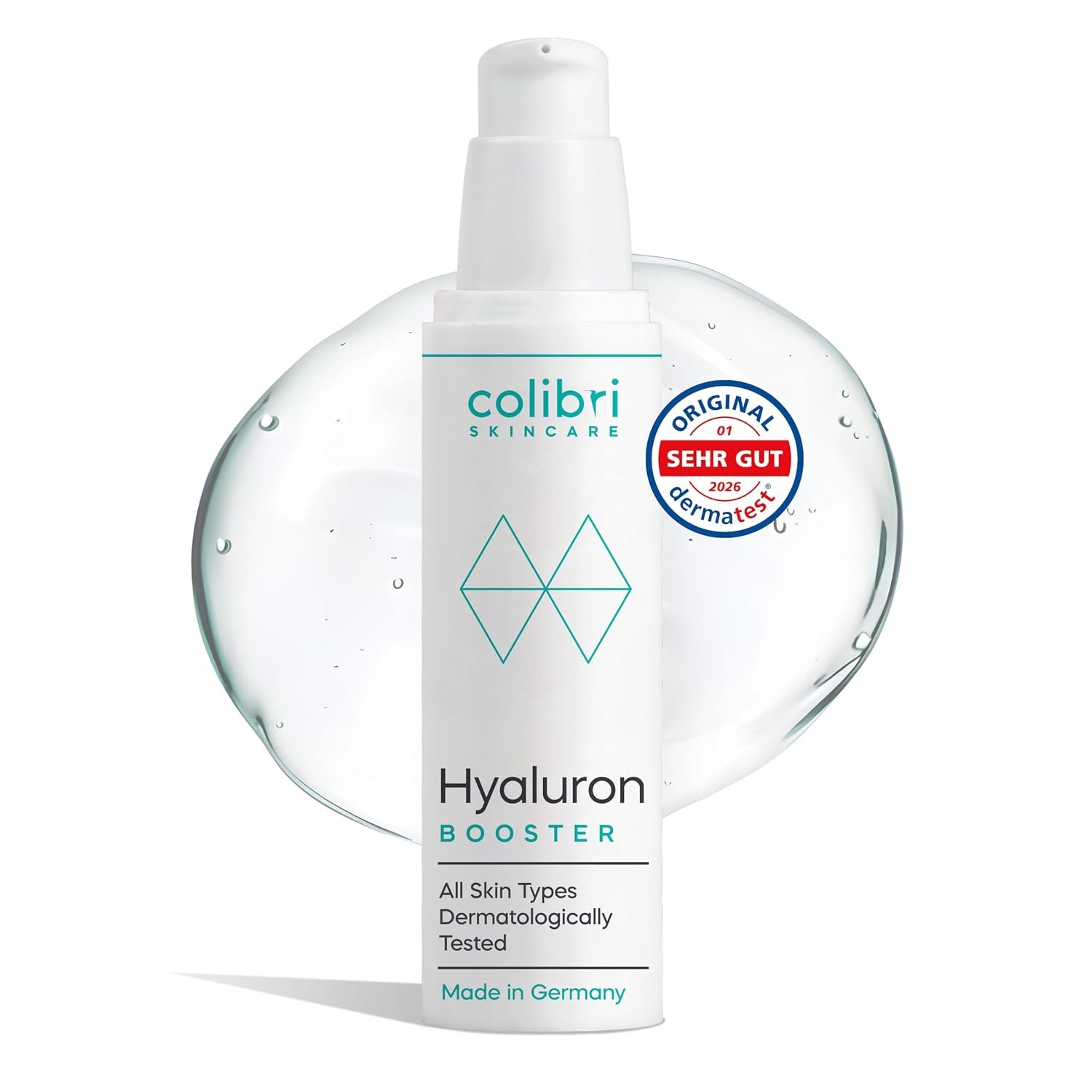 Weiße Pumpspenderflasche des colibri SKINCARE Hyaluron Boosters vor einem runden, klaren Gel-Hintergrund.