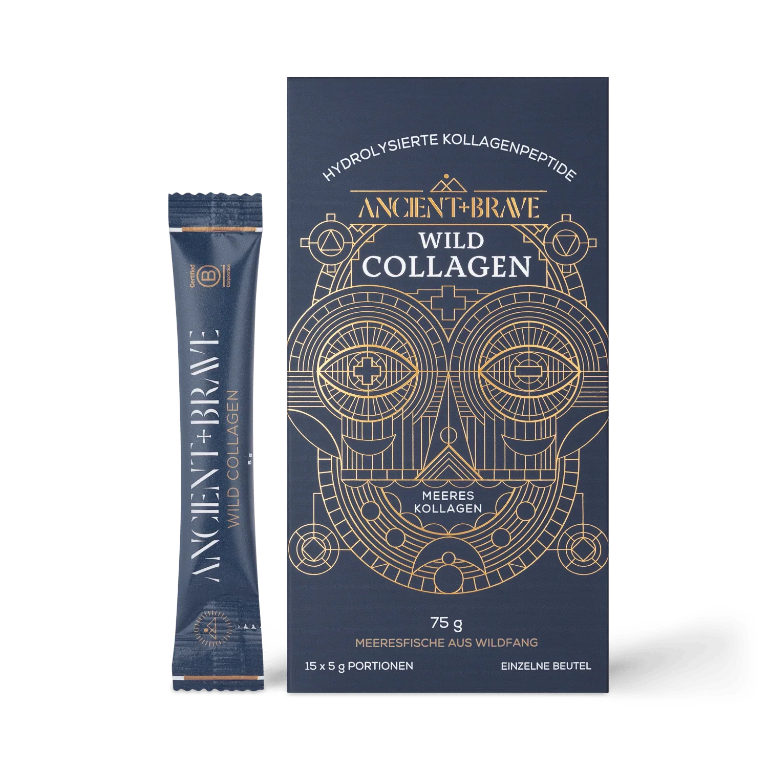 Dunkelblaue Schachtel und ein einzelnes, daneben liegendes Sachet des "WILD COLLAGEN" (Meereskollagen) von der Marke Ancient + Brave, verziert mit einem markanten, goldenen Linien-Design.