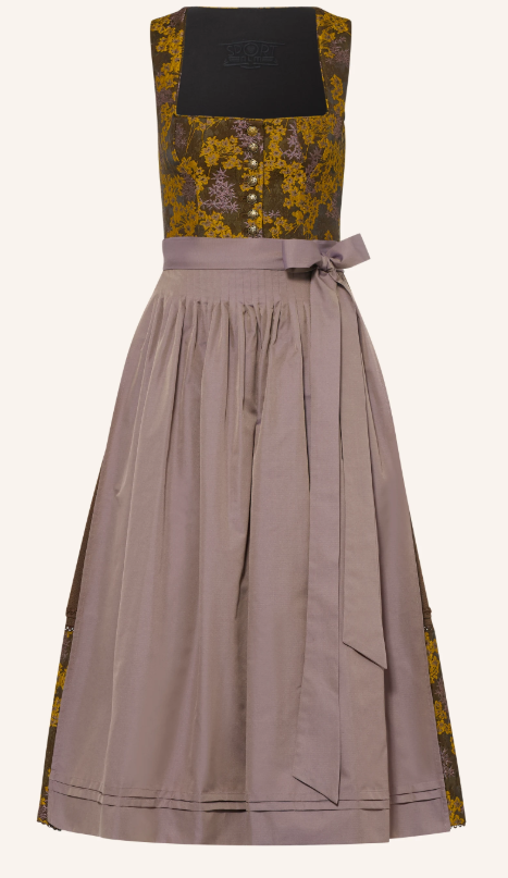 Dirndl mit dunklem, gold-violett geblümtem Brokat-Mieder und quadratischem Ausschnitt, kombiniert mit taupefarbenem Rock und passender geschürzter Schleife.