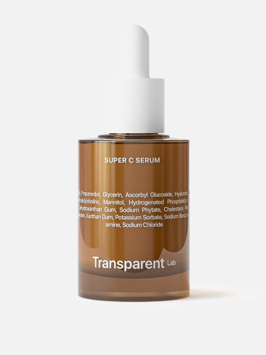Braune Pipettenflasche des "Super C Serum" der Marke Transparent Lab.