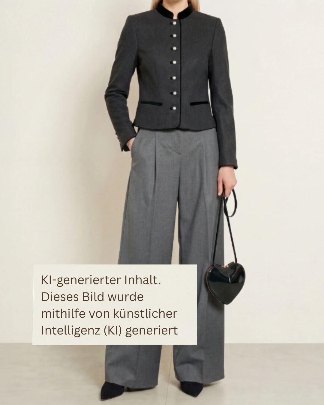 KI-generiertes Bild: Frau im anthrazit Blazer mit schwarzem Samtkragen und Silberknöpfen, hellgraue Culotte, schwarze herzförmige Tasche. Bildhinweis: „KI-generierter Inhalt. Dieses Bild wurde mithilfe von künstlicher Intelligenz (KI) generiert."