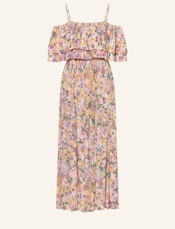 Off-Shoulder Maxikleid mit Blumenmuster und Volants in Rosa - Romantischer Sommer-Look für Hochzeitsgäste 2026