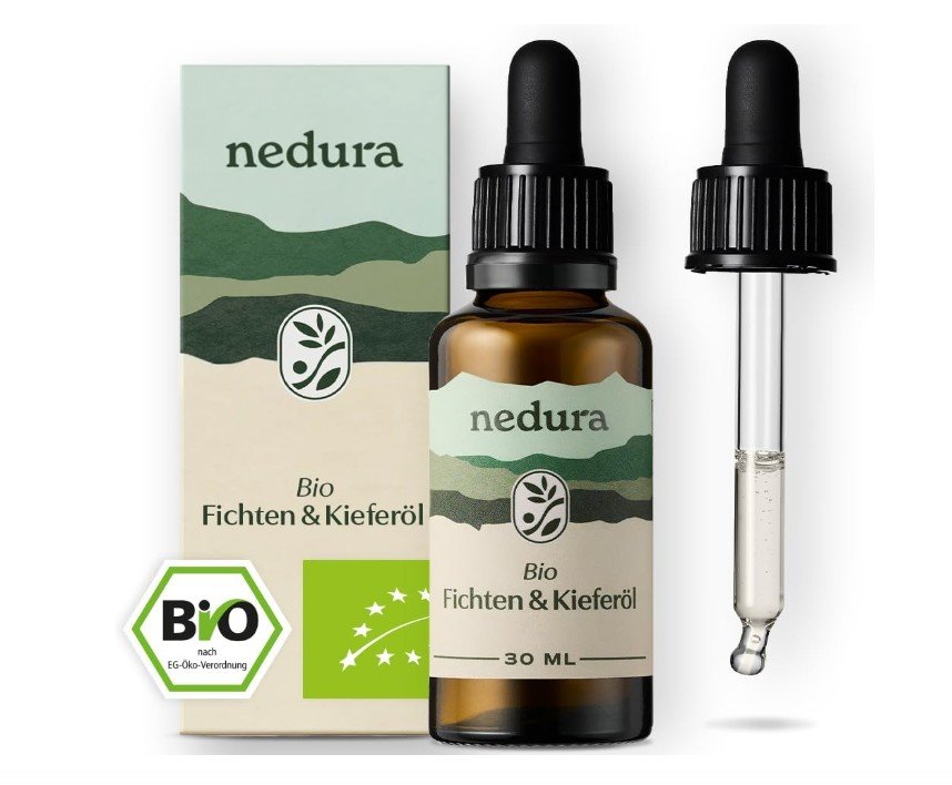 Nedura Bio Fichten- und Kieferöl mit Pipette und Verpackung – naturreines ätherisches Öl für weihnachtliche Raumdüfte.