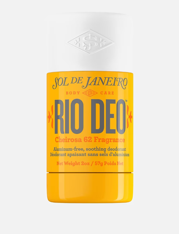 Gelber Deo-Stick von Sol de Janeiro mit der Aufschrift „Rio Deo Cheirosa 62 Fragrance" und dem Hinweis „Aluminum-free, soothing deodorant".