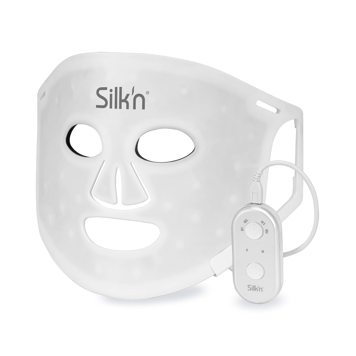 Weiße Silk'n LED-Gesichtsmaske mit Aussparungen für Augen, Nase und Mund, verbunden über ein Kabel mit einem ovalen Steuergerät mit vier Modustasten (M1–M4) und Ein/Aus-Schalter.