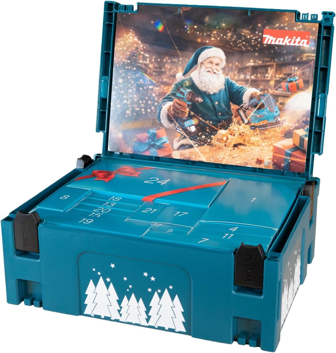 Ein türkisfarbener Makita-Werkzeugkoffer als Adventskalender. Der geöffnete Deckel zeigt einen Weihnachtsmann mit Werkzeugen, darunter befinden sich die durchnummerierten Papptürchen.