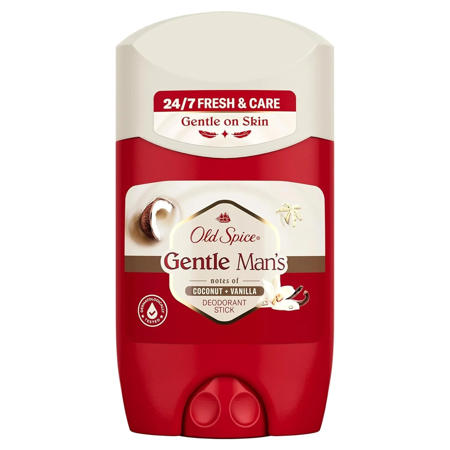 Roter und cremefarbener Deostick von Old Spice mit der Aufschrift „Gentle Man's – notes of Coconut + Vanilla" und dem Hinweis „24/7 Fresh & Care, Gentle on Skin".
