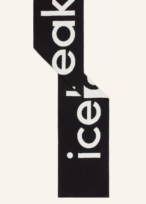 Ein glatt gestrickter, schwarzer Schal ohne Fransen, auf dem in großen, weißen Buchstaben der Schriftzug "icebreaker" zu lesen ist.