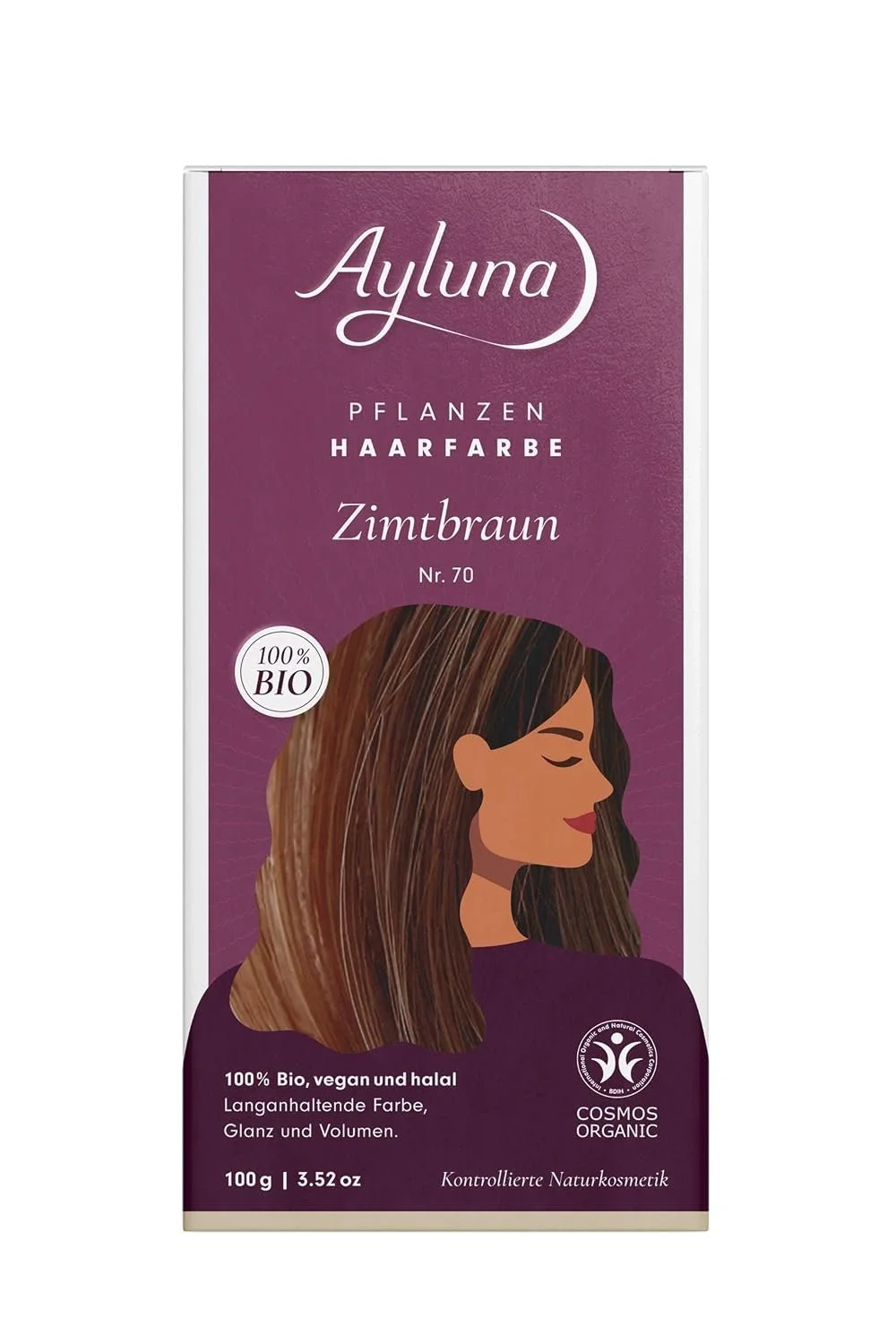 Violette Verpackung der Ayluna Pflanzenhaarfarbe Zimtbraun (Nr. 70) mit stilisierter Illustration einer Frau mit langem braunem Haar.