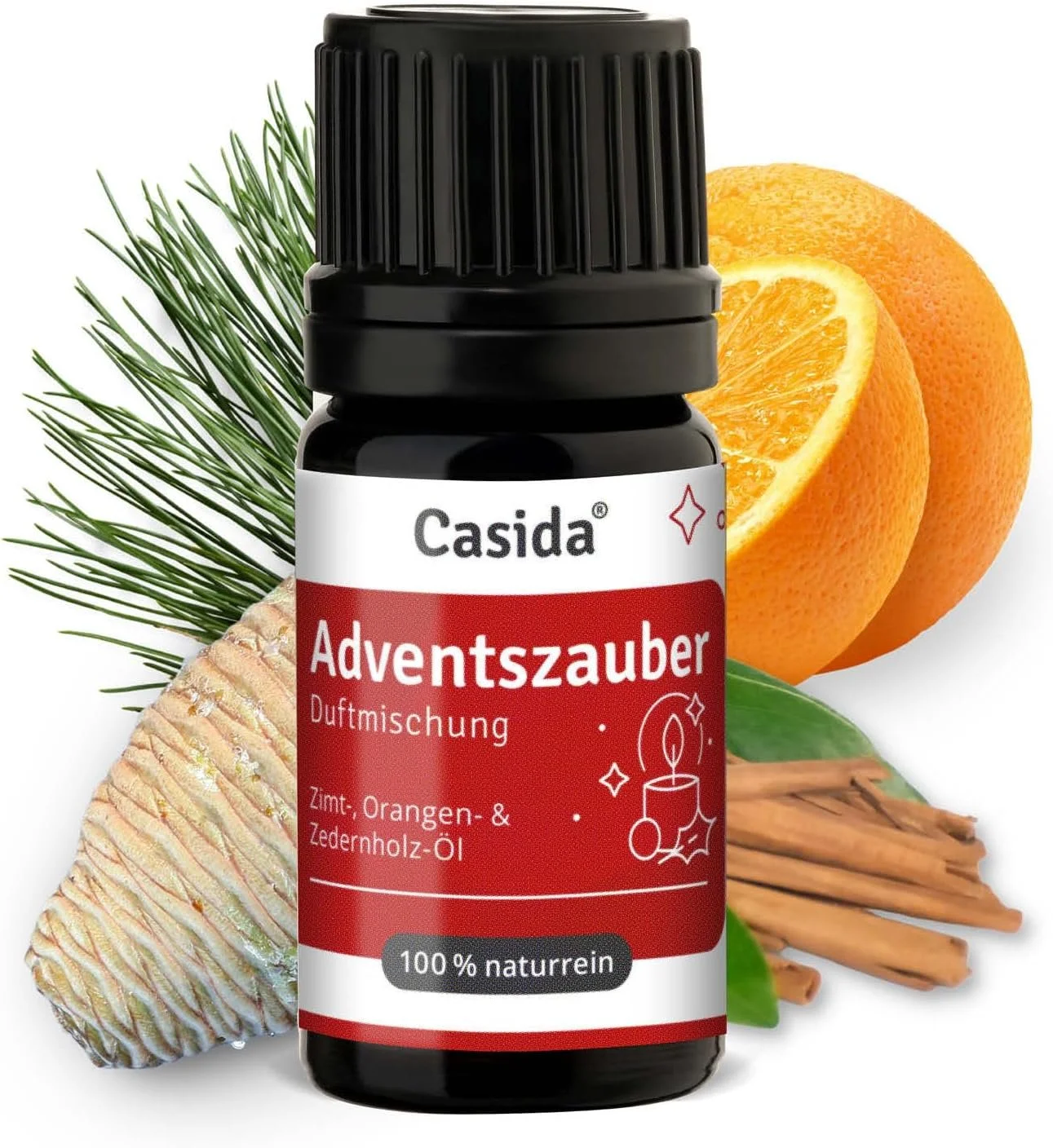 Casida Duftmischung "Adventszauber" (Zimt, Orange, Zedernholz), dekoriert mit Zapfen, Orangenscheibe und Zimtstangen.
