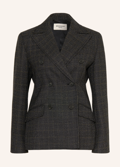 Dunkelgrauer zweireihiger Blazer mit feinem Karomuster und fallendem Revers vor hellem Hintergrund. Strukturierter Damenblazer mit sechs Knöpfen, schrägen Klappentaschen und leicht taillierter Passform.