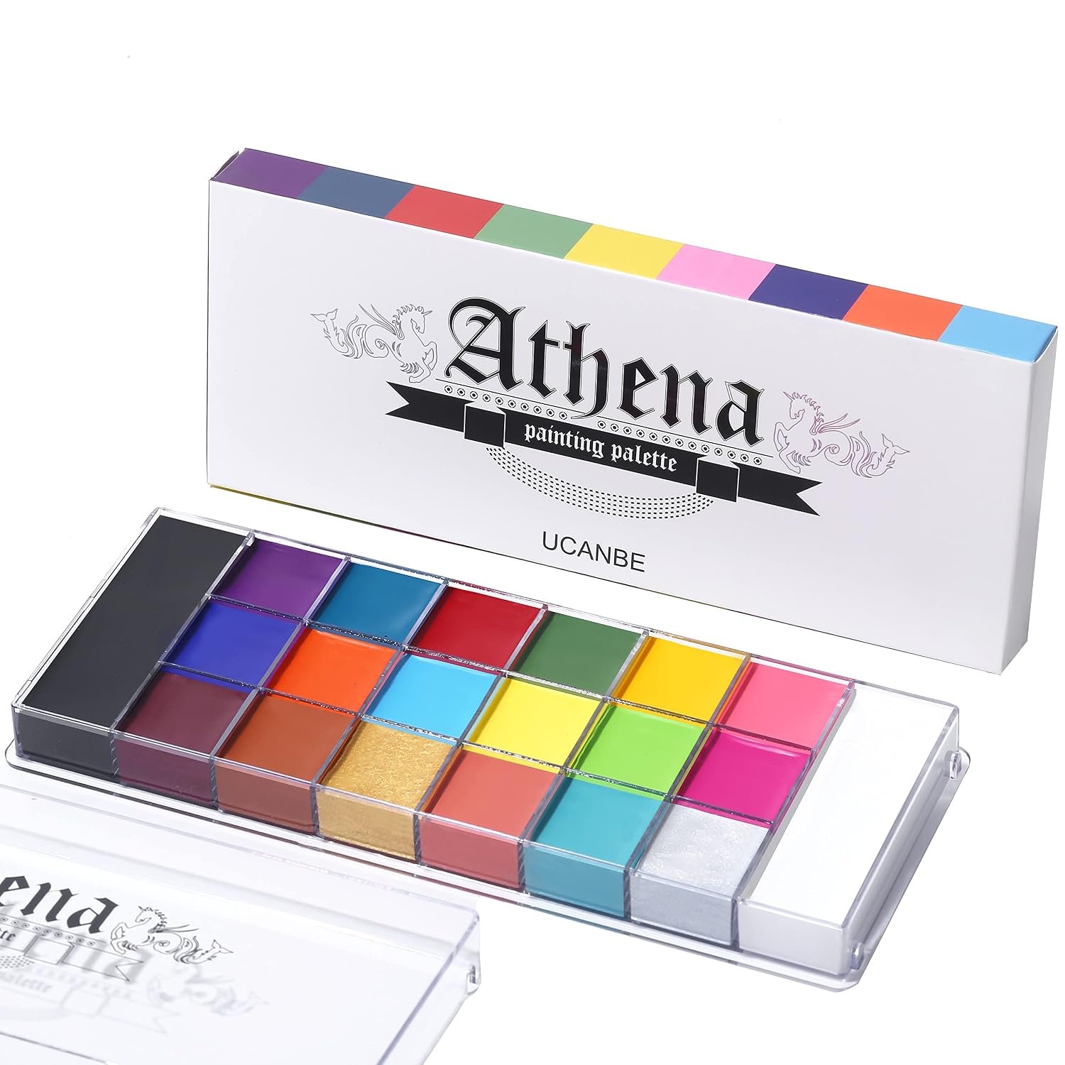 Eine geöffnete „Athena“ Schminkpalette der Marke UCANBE vor ihrer weißen Verpackung. Die Palette enthält 20 verschiedene Farben, darunter größere Flächen für Schwarz und Weiß an den jeweiligen Enden.