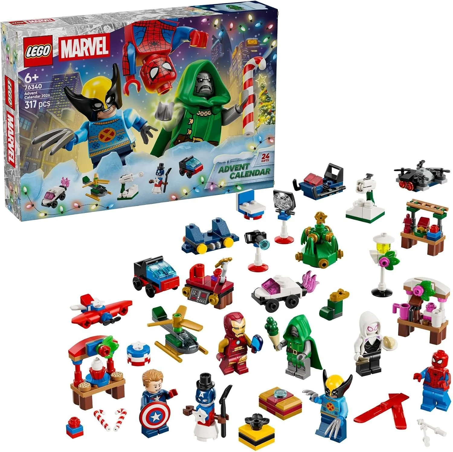 Ein LEGO Marvel Adventskalender. Neben der weihnachtlich gestalteten Verpackung sind die zusammengebauten Überraschungen aus den 24 Türchen ausgebreitet, darunter verschiedene Marvel-Minifiguren und kleine Modelle.